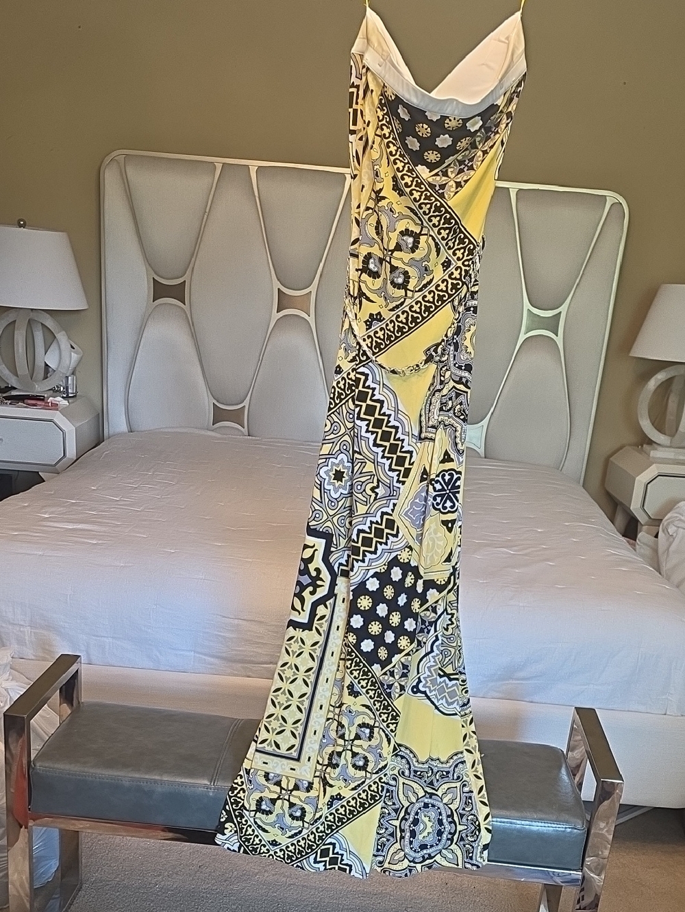 Cache Strapless Yellow, Gray, White, and Black Printed Maxi Dress Size M